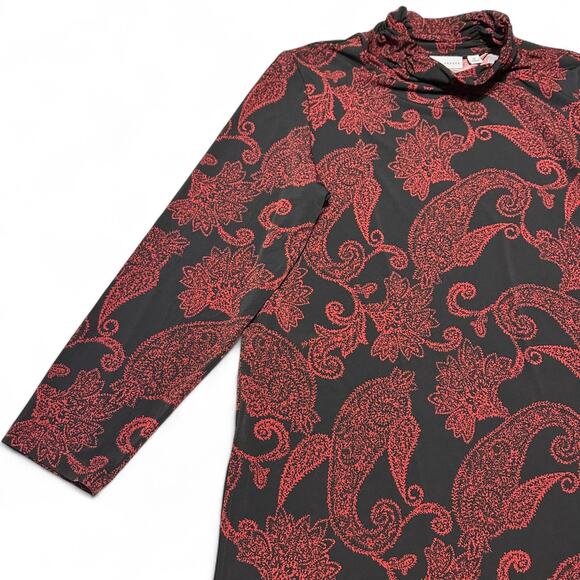 Susan Graver Red Black Paisley Tunic Top Plus Sz 1X Ruched Neck Stretch Holiday - Picture 6 of 9